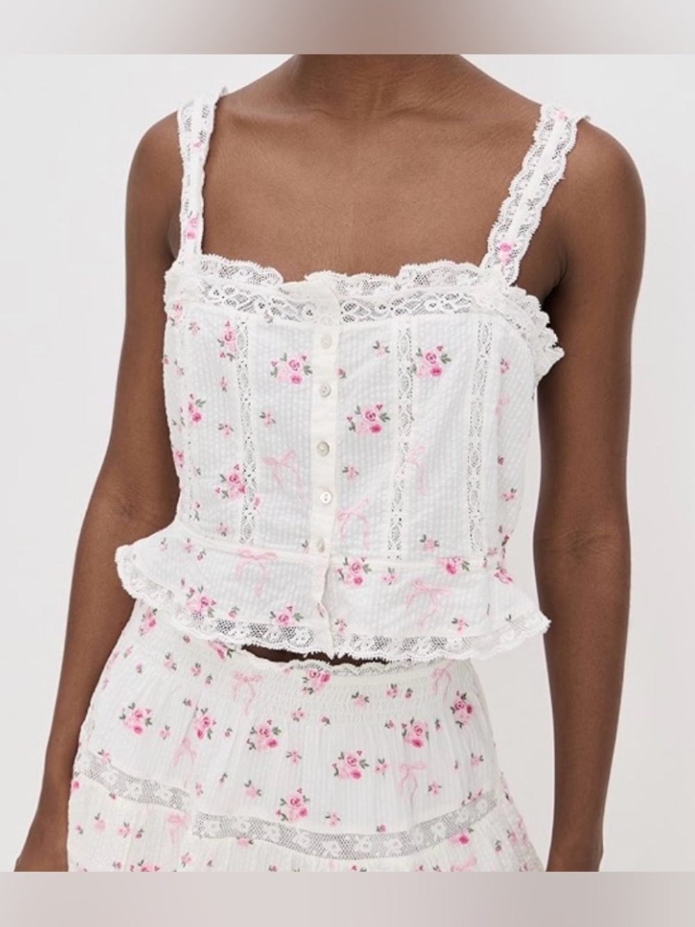 LoveShackFancy White Floral Lace Button Front Crop Top
